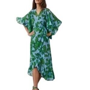 Cabi 5815 Blue Green Derby Floral Wrap Ruffle Sleeve Midi Dress Size S